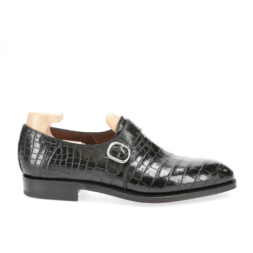 Alligator Shoes|Single Monk Strap Shoes|Carmina ALLIGATOR SINGLE MONK STRAP SHOES 80156 RAIN BLACK
