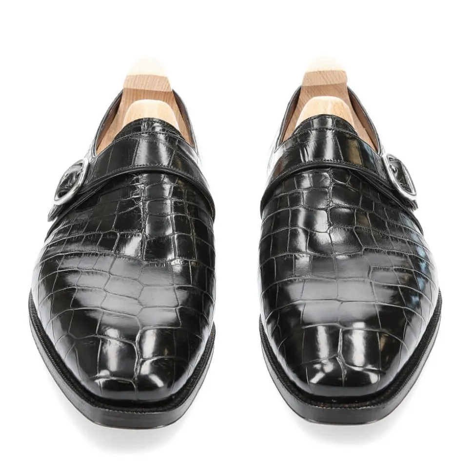 Alligator Shoes|Single Monk Strap Shoes|Carmina ALLIGATOR SINGLE MONK STRAP SHOES 80156 RAIN BLACK