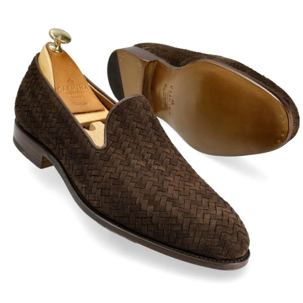 Men's Dress Slippers|Carmina BRAIDED SLIPPERS 80301 UETAM BROWN