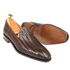 Men's Dress Slippers|Carmina BRAIDED SLIPPERS 80301 SIMPSON BROWN